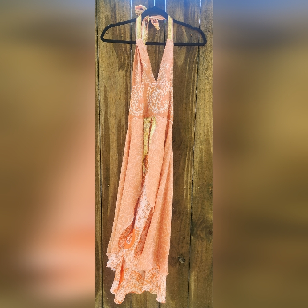 Vintage Peach Halter Neck Flowy Dress 100% Silk Baba Clothing LA Y2k 90s Boho